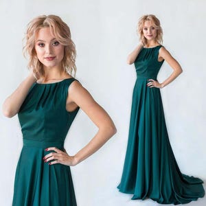 Teal Flowy Dress with train / Women Formal Silk Emerald Teal Dress / A-line Formal Party Dress / Wedding party long gown / Teal evening gown