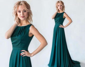 Emerald Green Silk Formal Dress: Flowy A-Line Gown with Train