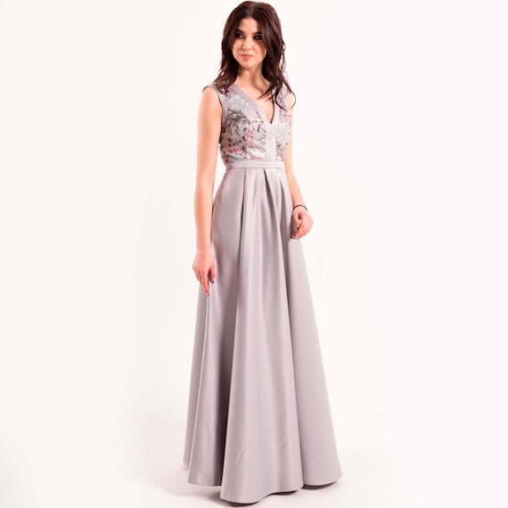 princess polly baby blue dress Silver Grey Satin A-line Evening Gown: Floral Lace, V-neck Formal Dress