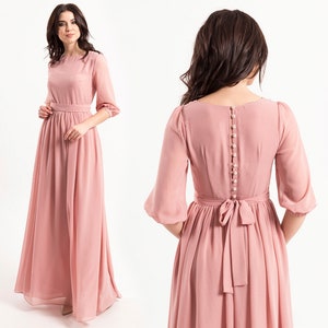 Women pink long sleeves a-line gowns, blush maxi dress with pearl buttons and sleeves, women formal chiffon closed dress, light pink dress image 1