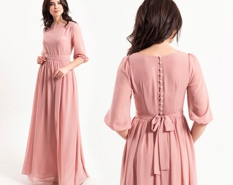 Long Chiffon Dress Pink Long Dress 