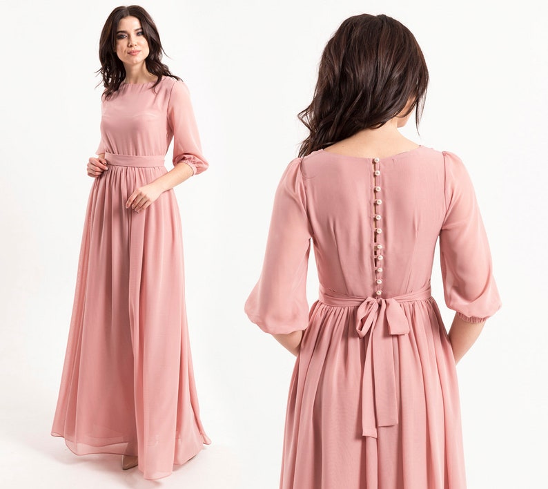 Women pink long sleeves a-line gowns, blush maxi dress with pearl buttons and sleeves, women formal chiffon closed dress, light pink dress image 1
