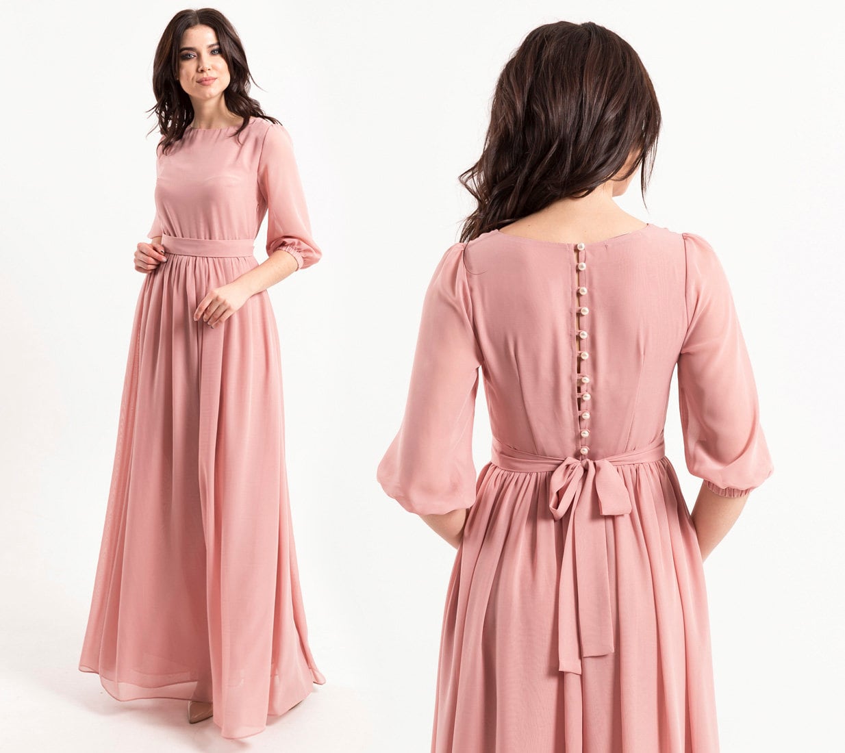 Women Pink Long Sleeves A-line Gowns ...