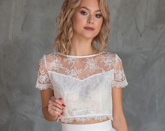 Wedding crop top / Lace top with pearl buttons / Ivory or white crop top / Floral lace top with short sleeves