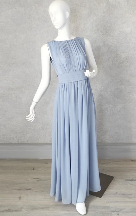 gray blue long dress Grey Chiffon Maxi Dress: Greek Goddess Style Prom Gown Spaghetti strap your preferred color) Size:M 10 Glam Lucky in Love F26_Carryover