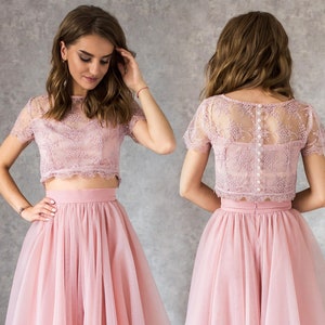 Blush Pink Lace Crop Top, Floral Lace Top With Short Sleeves, Dusty Rose Evening Crop Top, Short Sleeve Elegant Blouse with Pearl Buttons