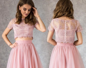 Blush lace crop top / Lace top with pearl buttons / Crop top prom dress / Floral lace top with short sleeves / Evening crop top