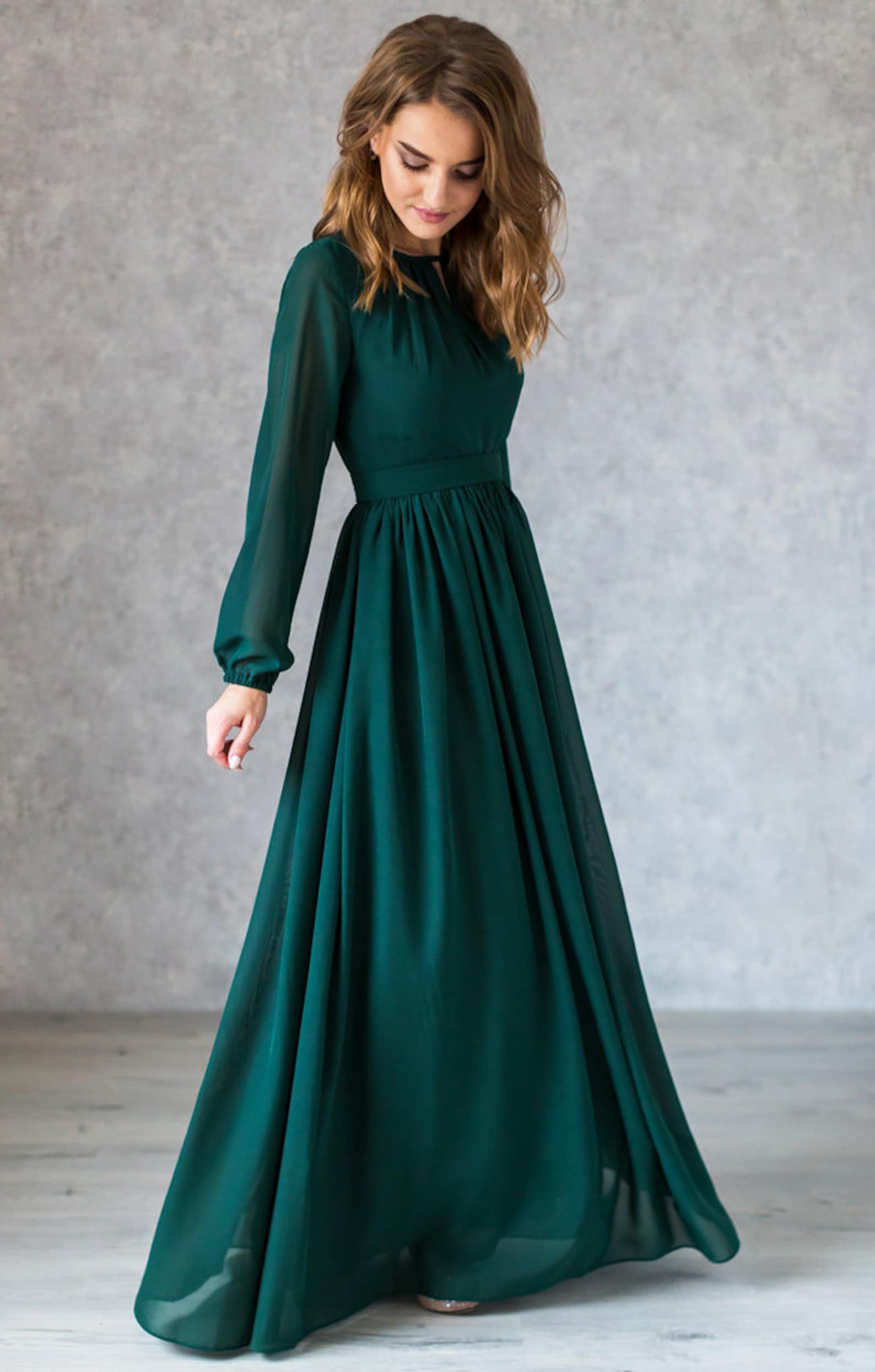 Flowy Emerald Green Dress With Long Sleeves / Green Chiffon - Etsy ...