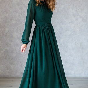 Flowy Emerald Green Dress With Long Sleeves / Green Chiffon Bridesmaid ...