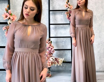 Women Formal Chiffon Closed Taupe Dress / Modest Bridesmaid Dress With Long Sleeves / A-line Formal Party Dress / Wedding party long gown