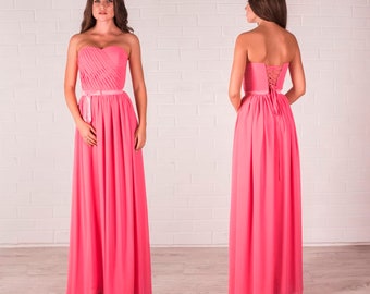 Coral Chiffon Corset Dress: Strapless Maxi Gown