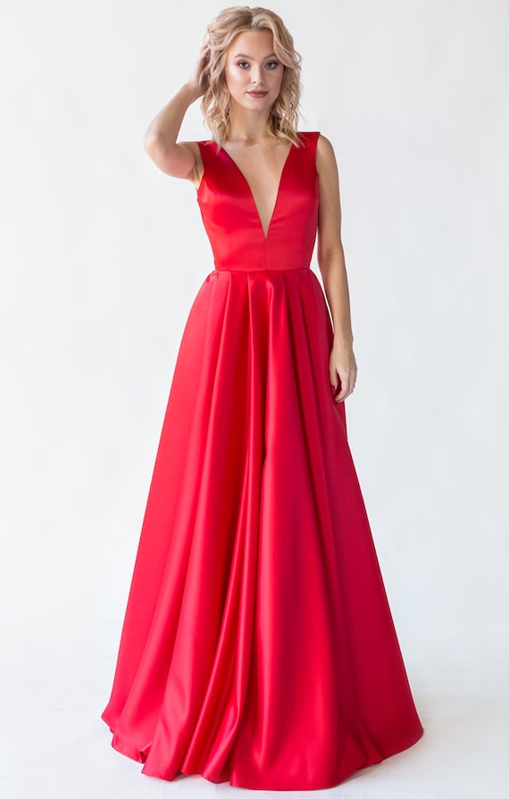 Red Satin Formal Dress: Open Back, Deep V-Neck Evening Gown Red Satin Formal Dress: Open Back, Deep V-Neck Evening Gown