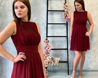 Greek style sleeveless chiffon cocktail dress for womens / Knee length wedding party gown / Short grecian gown / Burgundy cocktail dress