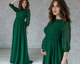 Elegance Emerald Maternity Dress / Long Green Formal Dress for Future Mom / Tender Pregnancy Gown / Floor length chiffon maternity dress