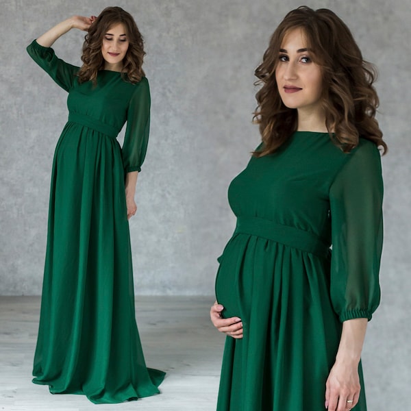 Elegantes smaragdgrünes Umstandskleid / langes grünes Kleid für die zukünftige Mutter / zartes Schwangerschaftskleid / bodenlanges Chiffon Umstandskleid