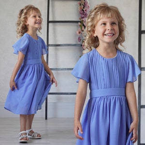 Blue grey flower girl dress, light blue toddler dress, sky blue girl dress, chiffon baby girl dress, birthday dress, little girls dress