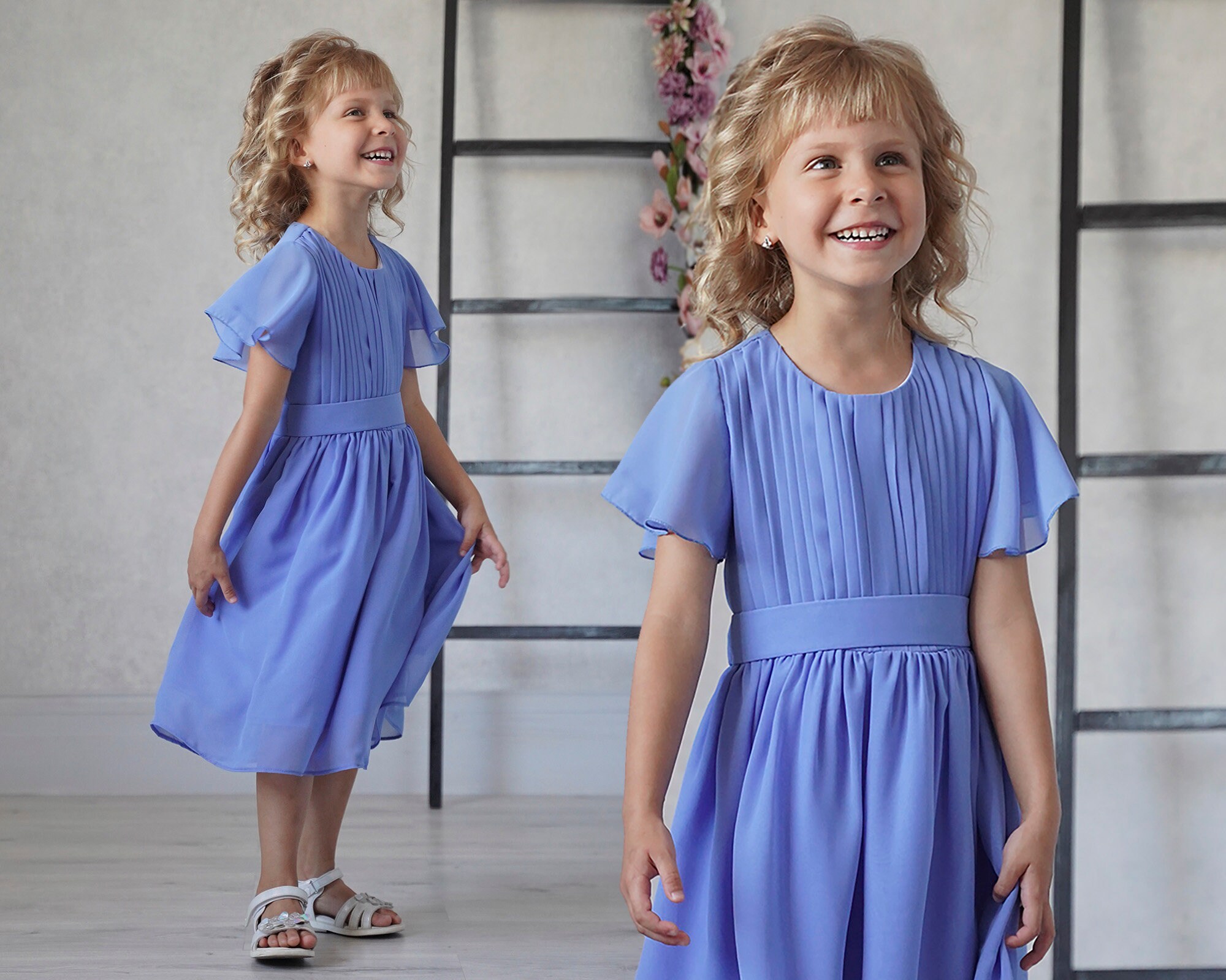 Blue grey flower girl dress, light blue toddler dress, sky blue girl dress, chiffon baby girl dress, birthday dress, little girls dress
