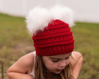 Christmas Double Pom Pom Beanie - Crochet Baby Santa Hat, Christmas Baby Hat, New Baby Christmas Hat, Toddler Beanie, Christmas Photo Prop