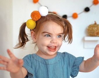 Halloween Headband - Candy Corn Headband, Baby Girl Headband, Pom Pom Headband, Babys First Halloween, Pom Pom Crown, Newborn Photo Prop