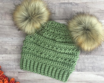 Olive Green Winter Hat - Toddler Hat, Kids Crochet Hat, Toddler Winter Hat, Double Pom Pom Hat, Pom Pom Hat, Crochet Baby Hat, Baby Boy Hat