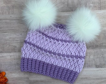 Purple Crochet Beanie - Double Pompom Hat, Winter Hat Women, Toddler Beanie For Boys, Valentines Day Toddler Girls, Toddler Winter Hat