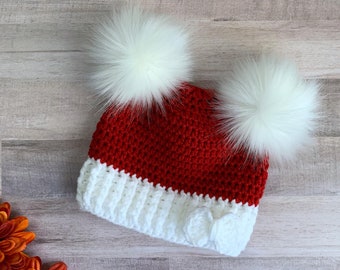 Christmas Double Pom Pom Beanie - Crochet Baby Santa Hat, Christmas Baby Hat, New Baby Christmas Hat, Toddler Beanie, Christmas Photo Prop