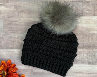 Black Beanie - Beanie for Kids, Beanie for Babies, Women's Winter Hat, Beanie for Women, Toddler Winter Hat, Toddler Beanie, Pom Pom Hat