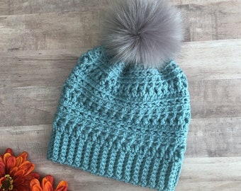 Blue Pom Pom Beanie - Baby Pom Pom Hat, Winter Hat Women, Toddler Hat For Boys, Toddler Hat For Girls, Crochet Baby Beanie, Baby Winter Hat