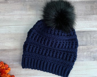 Navy Blue Beanie - Crochet Beanie, Womens Beanie, Womens Winter Hats, Toddler Beanie Boy, Toddler Beanie Girl, Beanie With Pom Pom, Kids Hat