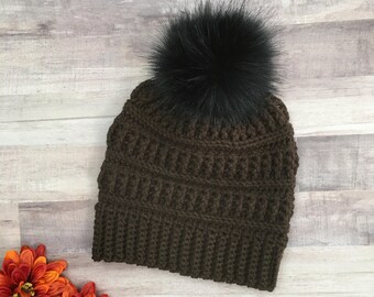 Crochet Beanie Hat - Brown Beanie, Baby Pom Pom Hat, Winter Hat Women, Chocolate Hat, Toddler Hat for Girl, Hat for Boy, Slouchy Hat