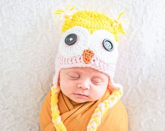 Baby Girl Owl Hat - Owl Beanie, Newborn Photo Prop, Baby Animal Hats, Hat with Ear Flaps, Crochet Owl Beanie, Woodland Hat, Newborn Beanie
