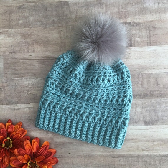 Blue Pom Pom Beanie Baby Pom Pom Hat, Winter Hat Women, Toddler