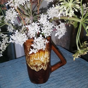 May include: A brown ceramic mug with a white and yellow glaze pattern holds a bouquet of white Queen Anne's Lace flowers.