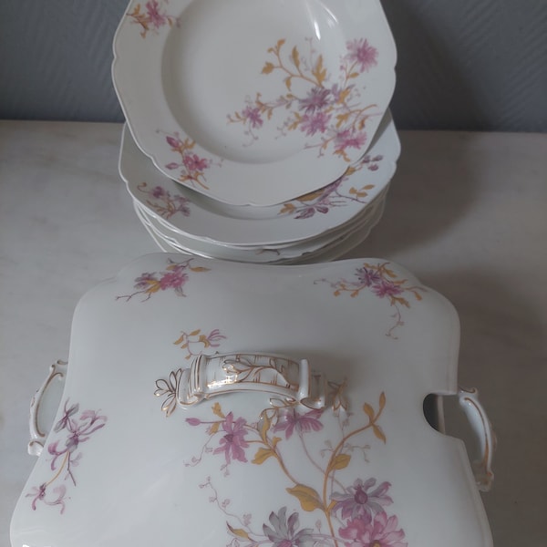 Service à fleurs en porcelaine fine Haviland & Co Limoges fin 19e soupière et 7 assiettes creuses