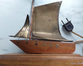 Carved wooden boat lamp and brass sails from the 60s
