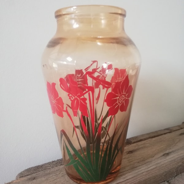 Vase en verre rose serigraphie fleurs rouges années 50