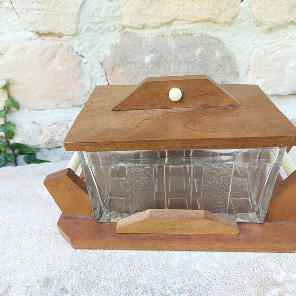 Art deco cake box in wood, crystal and bakelite