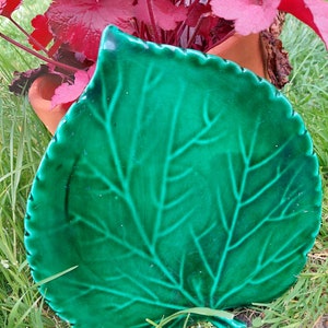 Puede incluir: Un plato de cerámica verde en forma de hoja con un patrón de vetas detallado. El plato está sentado en un lecho de hierba verde.
