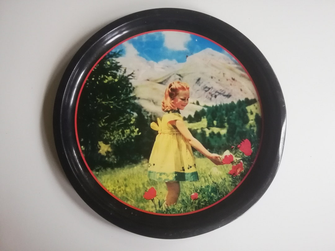 Round Tray in Sheet Metal Little Girl in the Mountains Etsy