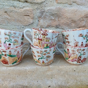 6 tea or coffee cups with Asian pattern Digoin-Sarreguemines around 1900