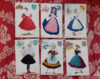 6 cartes postales costumes régionaux brodés années 60