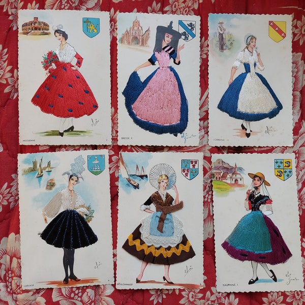 6 cartes postales costumes régionaux brodés années 60