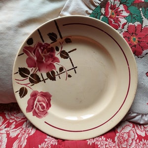 Grand Plat Ovale En Porcelaine Badonviller - Décor Roses Bordeaux - Vintage