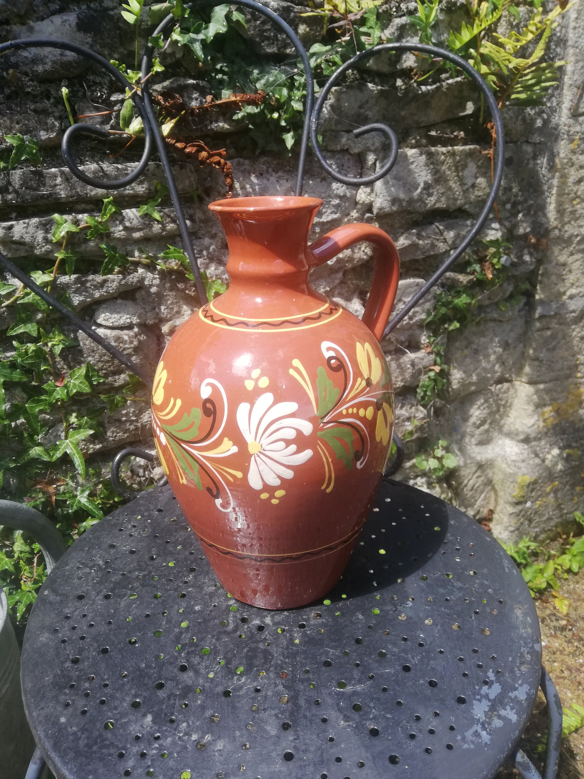 Grande Cruche Bulgare, Poterie Peinte à La Main Années 70