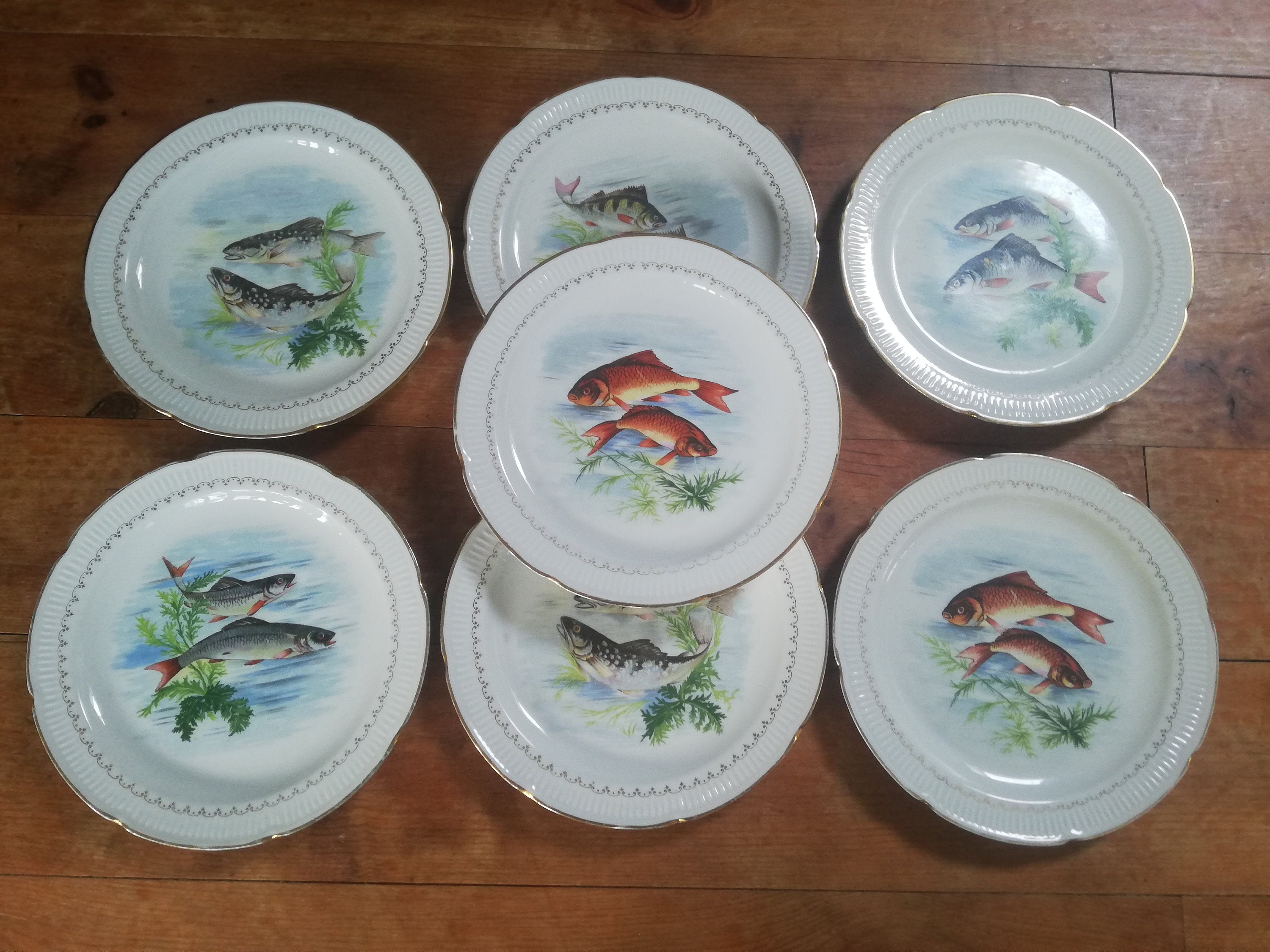 Service à Poissons 7 Assiettes en Porcelaine de Vierzon