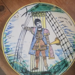 Beautiful hand-painted ceramic decorative dish depicting Christopher Columbus