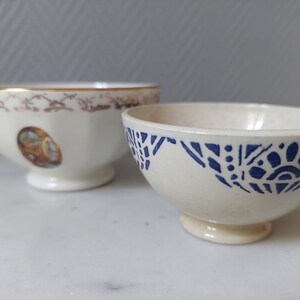 Lot of 2 small art deco bowls, blue decoration and souvenir of Lourdes