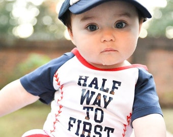 Half Birthday Personalized Baseball Boys Outfit Infant Bodysuit Set 1/2 Half Way To First® #halfwaytofirst