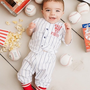 Half Birthday Half Way To First Jersey Outfit 6 Months 1/2 Way To First Birthday Navy Blue Pinstripe Pants Baseball Infant Set