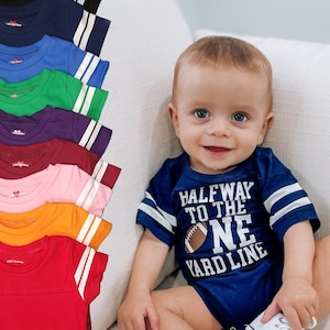 Boys Half Birthday 6 Month | Halfway To The One Yard Line | Football Jersey Outfit Bodysuit | 9 Colors | Free Personalization